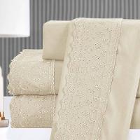 Kit Cobre Leito Queen + Jogo De Lençol Micropercal 300 Fios Com Bordado Inglês Santorini 7 Peças - Bege - 3