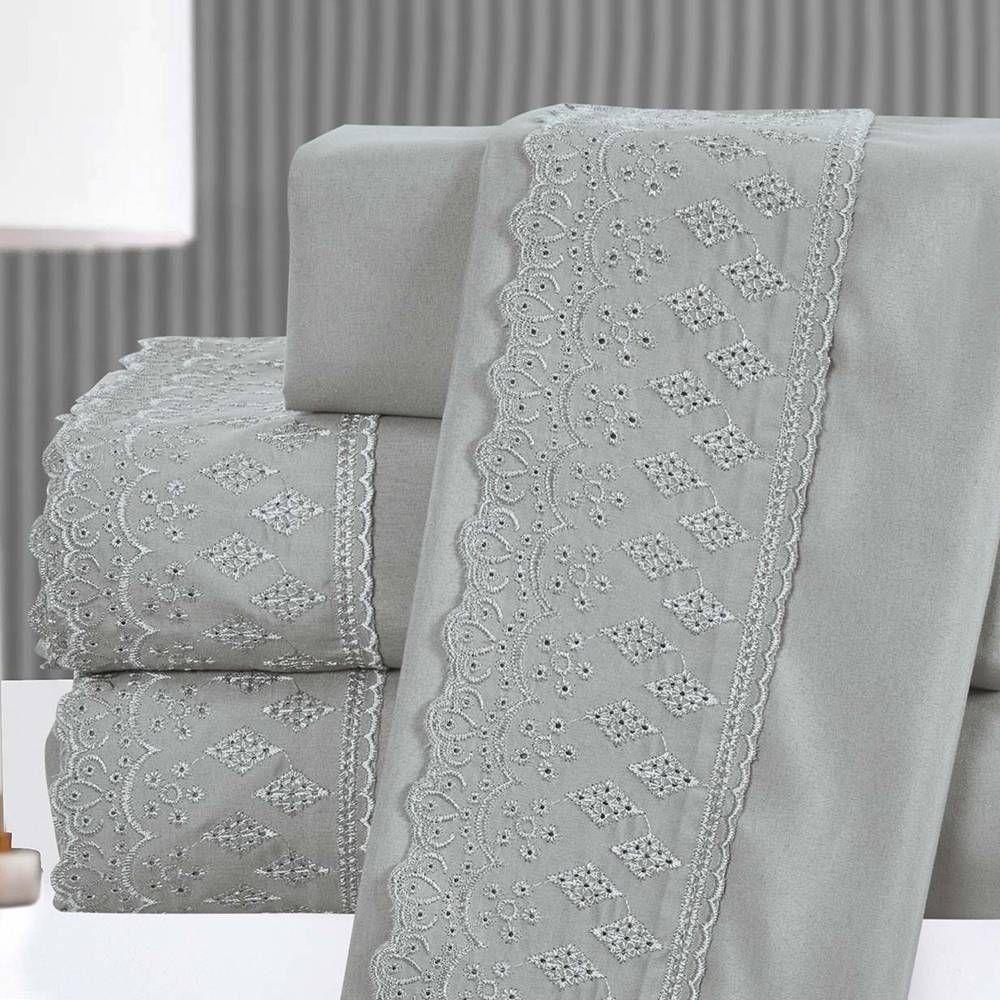 Kit Cobre Leito Queen + Jogo De Lençol Micropercal 300 Fios Com Bordado Inglês Santorini 7 Peças - Cinza - 3