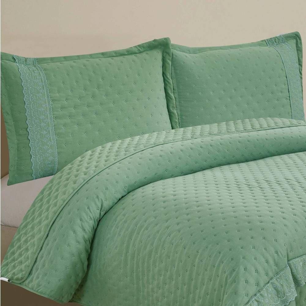 Kit Cobre Leito Casal Padrão + Jogo De Lençol Micropercal 300 Fios Com Bordado Inglês Santorini 7 Peças - Verde Militar - 4