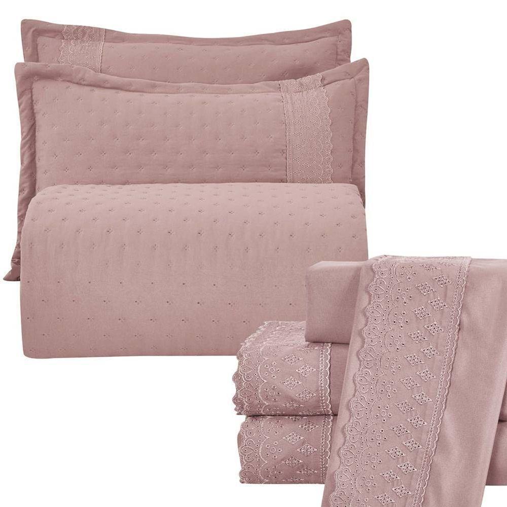 Kit Cobre Leito King + Jogo De Lençol Micropercal 300 Fios Com Bordado Inglês Santorini 7 Peças - Malva - 1