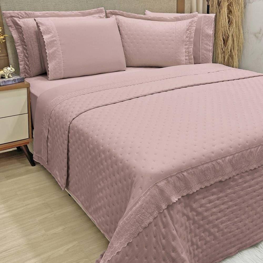 Kit Cobre Leito King + Jogo De Lençol Micropercal 300 Fios Com Bordado Inglês Santorini 7 Peças - Malva - 2