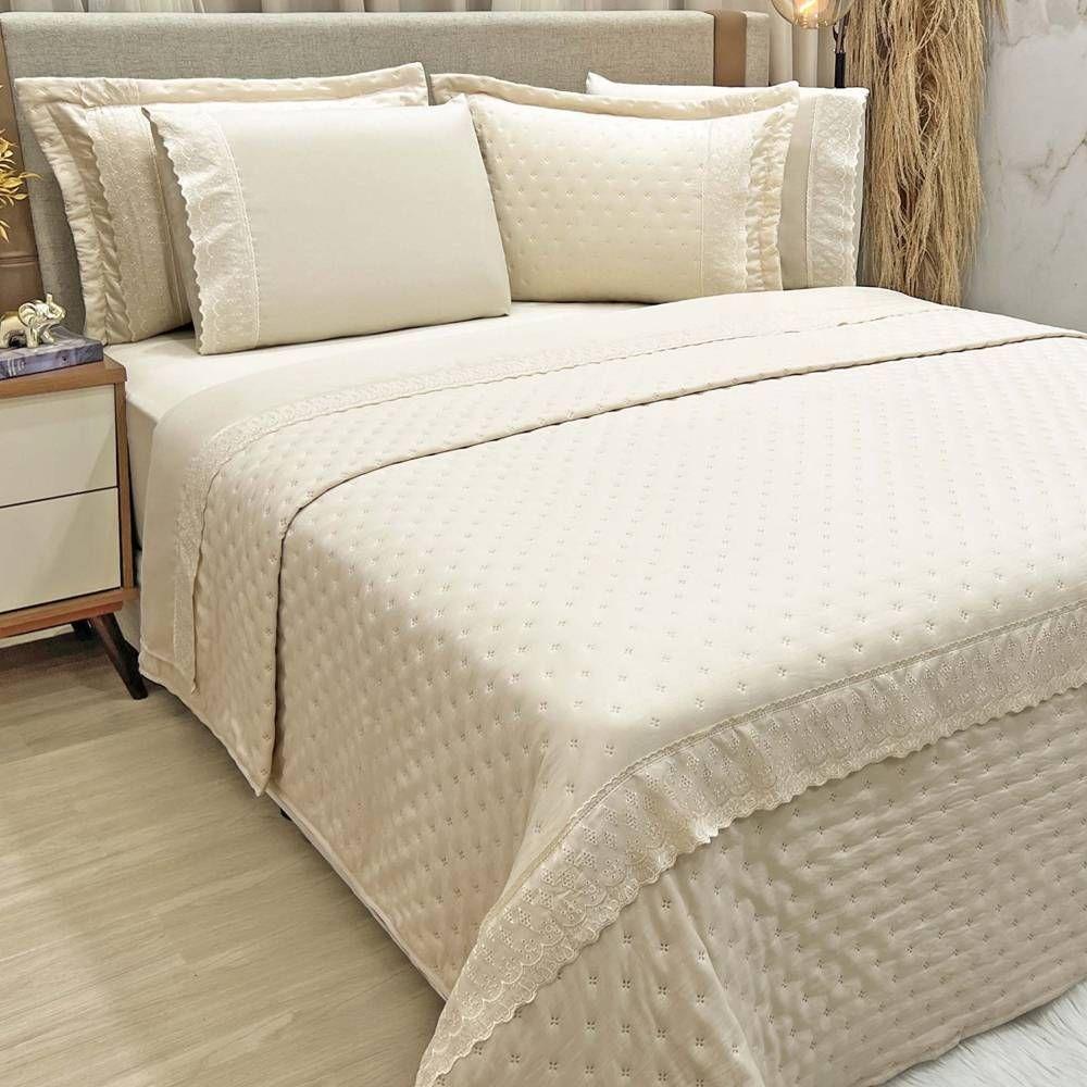 Kit Cobre Leito Casal Padrão + Jogo De Lençol Micropercal 300 Fios Com Bordado Inglês Santorini 7 Peças - Bege - 2