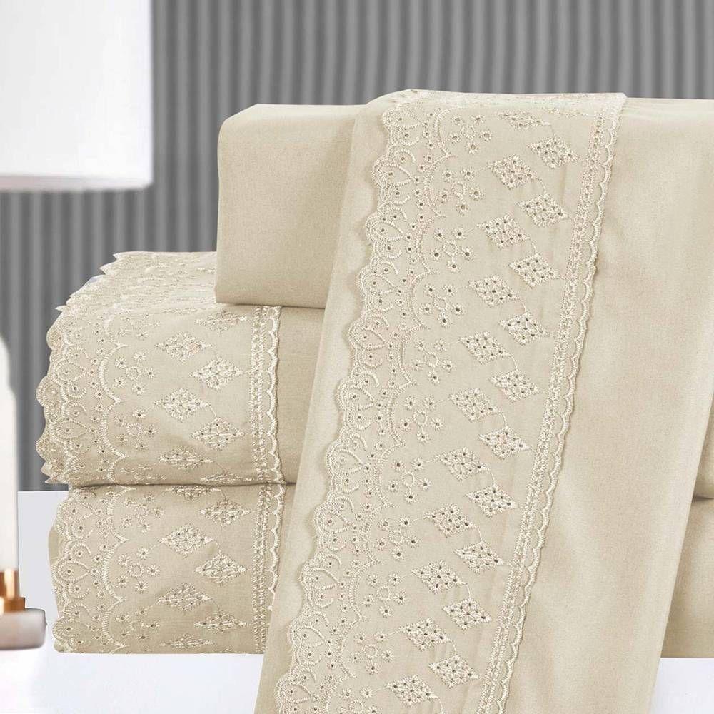 Kit Cobre Leito Casal Padrão + Jogo De Lençol Micropercal 300 Fios Com Bordado Inglês Santorini 7 Peças - Bege - 3