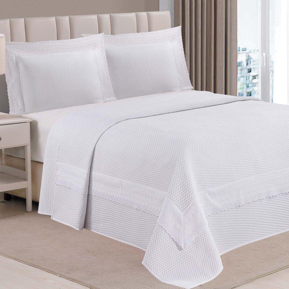 Cobre Leito King Majestic Bordado Inglês Micropercal 300 Fios Toque De Algodão 3 Peças - Branco - 3