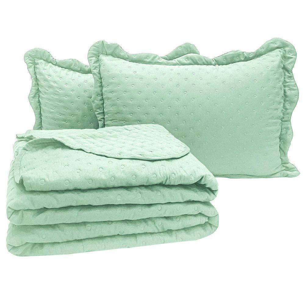 Kit Cobre Leito Colcha Alvorada Queen 3 Peças Percal 300 Fios Clássico - Verde Pistache - 100% Poliéster - 1