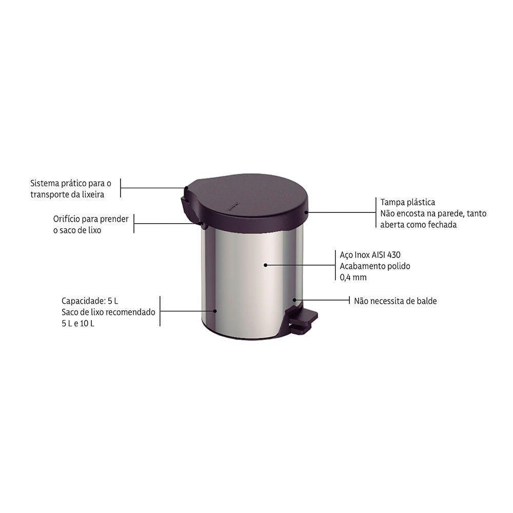 Lixeira Tramontina New Com Pedal 5l Redonda Inox Polido Aço Inox Polido - 4