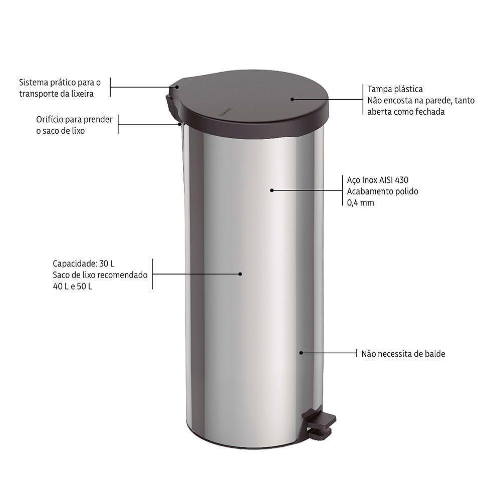 Lixeira Tramontina New Com Pedal 30l Redonda Inox Polido Aço Inox Polido - 4