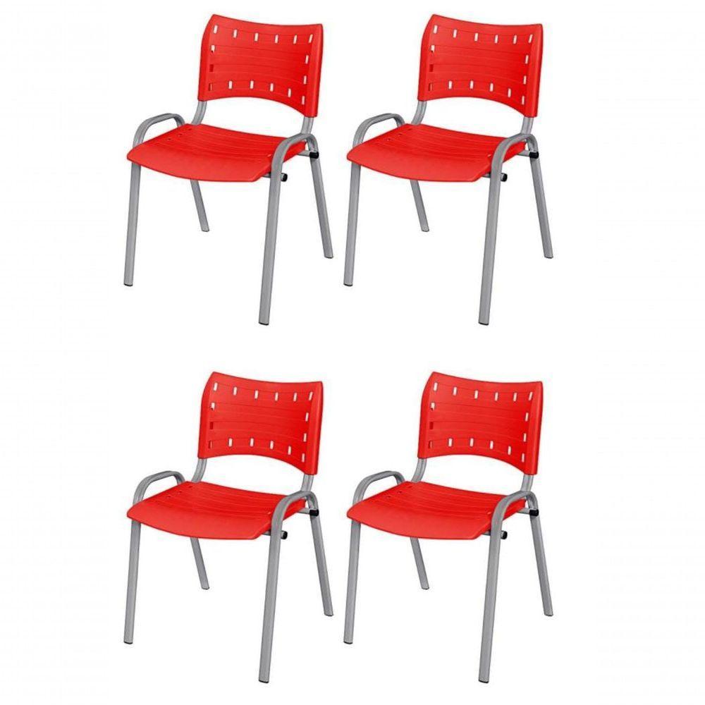 Cadeira Iso Base Cinza Escola, Escritório Vermelho Kit 4 Un - 1
