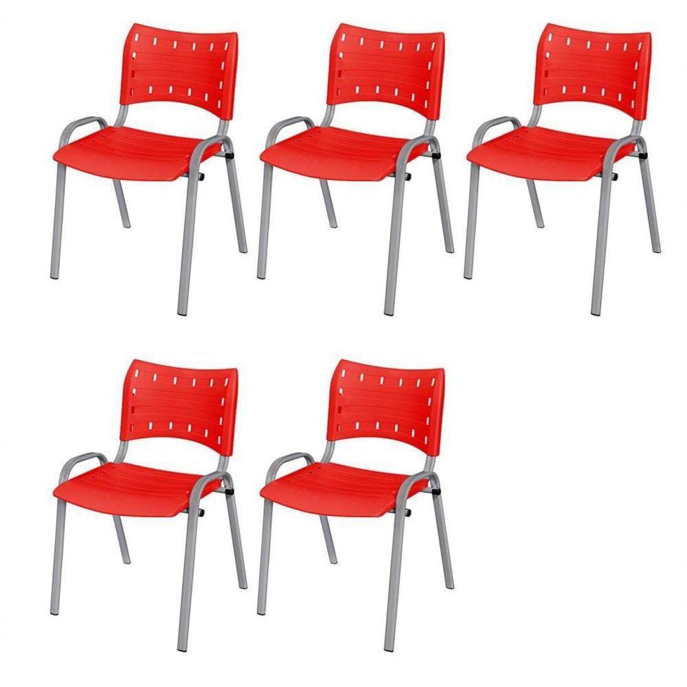 Cadeira Iso Base Cinza Escola, Escritório Vermelho Kit 5 Un - 1