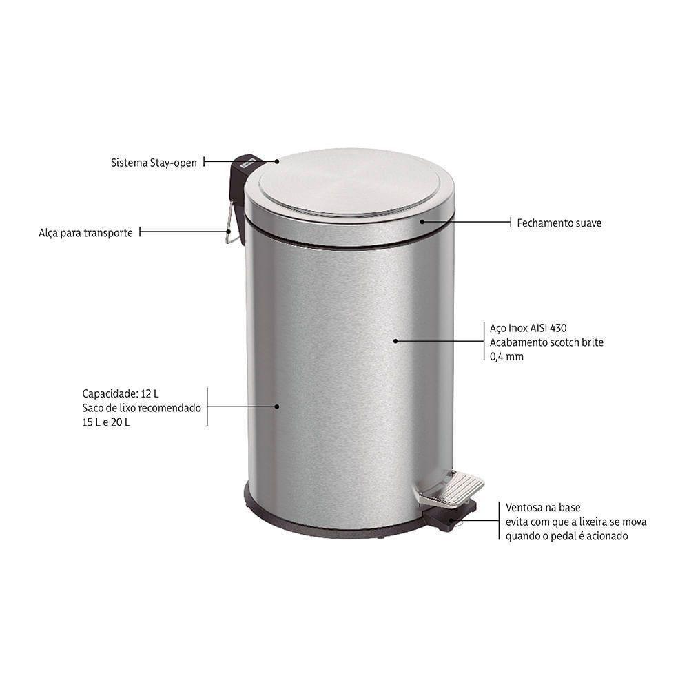 Lixeira Tramontina Brasil Plus Com Pedal 12l Redonda Scotch Brite Unica - 4