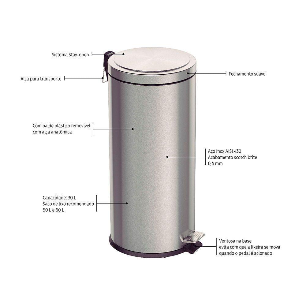 Lixeira Tramontina Brasil Plus Com Pedal 30l Redonda Inox Acetinado Aço Inox Acetinado - 2