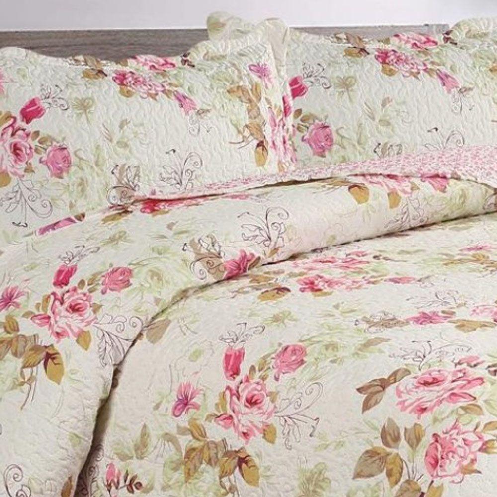 Kit Cobre Leito Colcha Mix King Estampado Dupla Face Floral 3 Peças - Mariela - 2