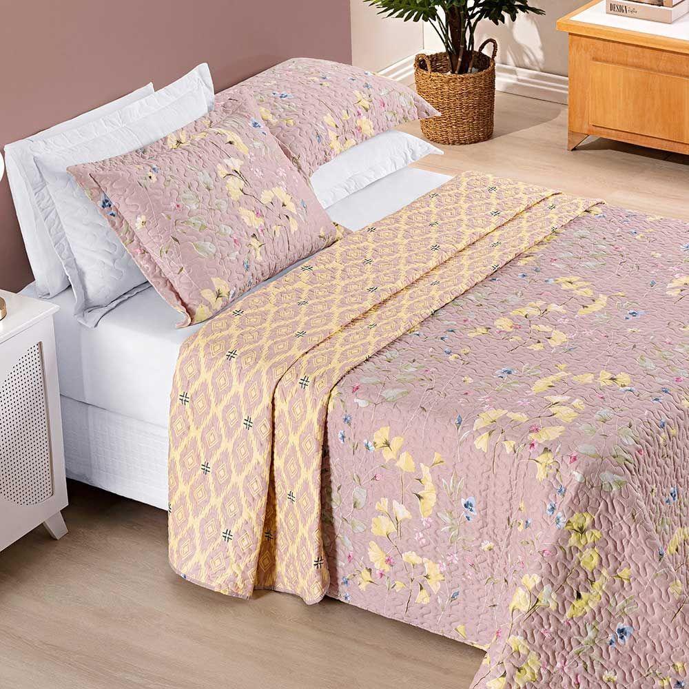Kit Cobre Leito Colcha Dallas King Dupla Face Estampada 3 Peças - Rosê Lavanda Floral - 2