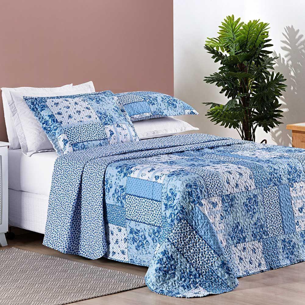 Kit Cobre Leito Colcha Dallas King Dupla Face Estampada 3 Peças - Azul Sereno Patchwork - 3