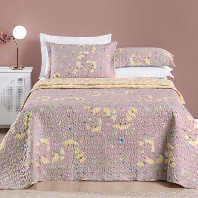Kit Cobre Leito Colcha Dallas Casal Padrão Dupla Face Estampada 3 Peças - Rosê Lavanda Floral