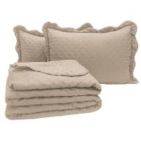 Kit Cobre Leito Colcha Perone Queen Dupla Face Toque De Pluma Micro Percal 300 Fios 3 Peças - Bege - 3