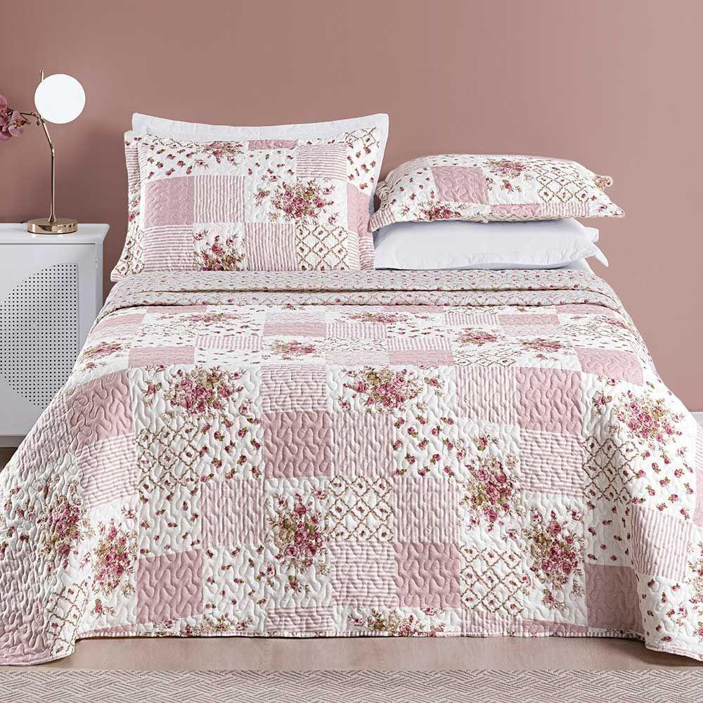 Kit Cobre Leito Colcha Dallas King Dupla Face Estampada 3 Peças - Rosa Matura Patchwork - 1