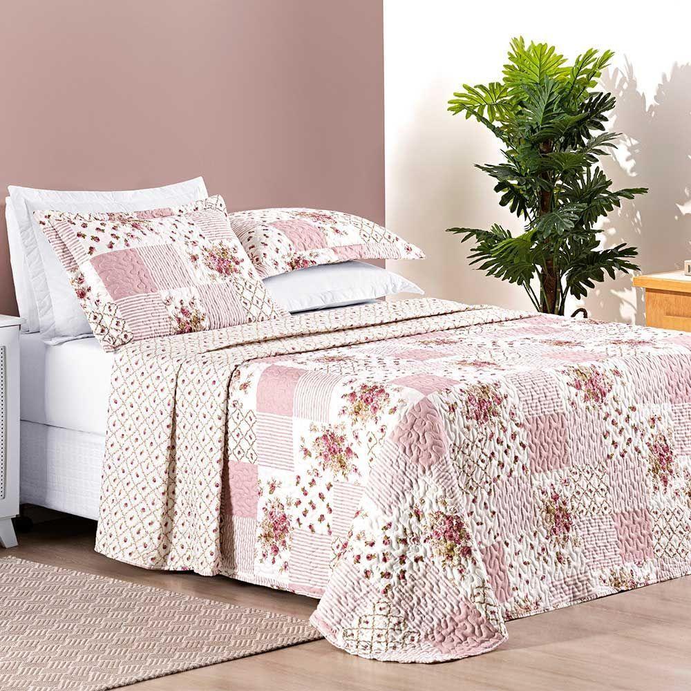 Kit Cobre Leito Colcha Dallas King Dupla Face Estampada 3 Peças - Rosa Matura Patchwork - 3