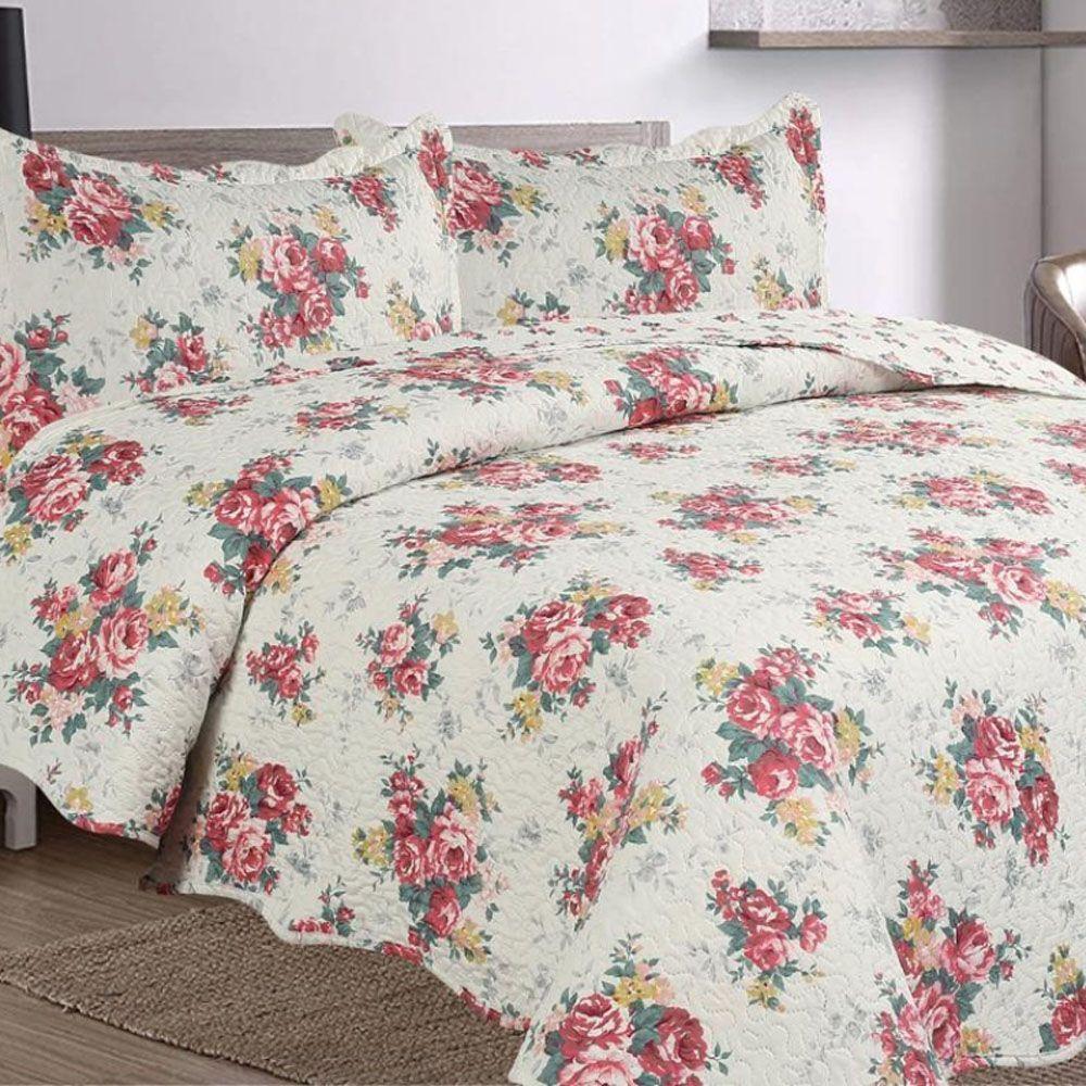 Kit Cobre Leito Colcha Mix King Estampado Dupla Face Floral 3 Peças - Maracris - 1