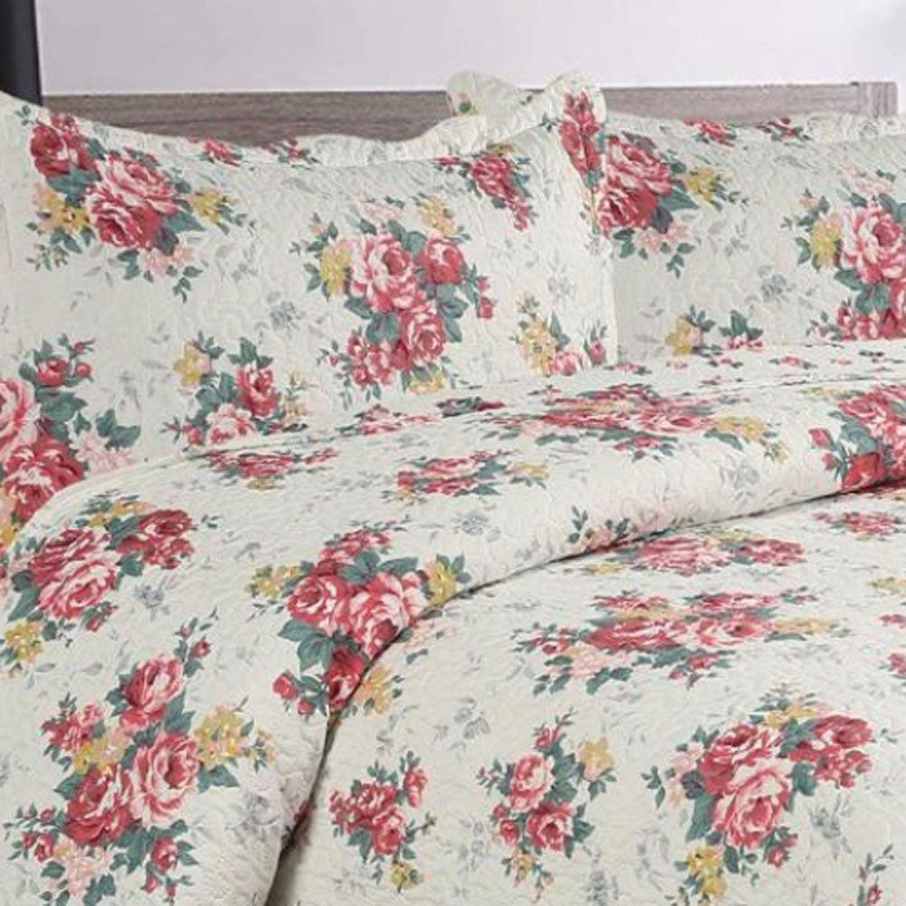 Kit Cobre Leito Colcha Mix King Estampado Dupla Face Floral 3 Peças - Maracris - 2