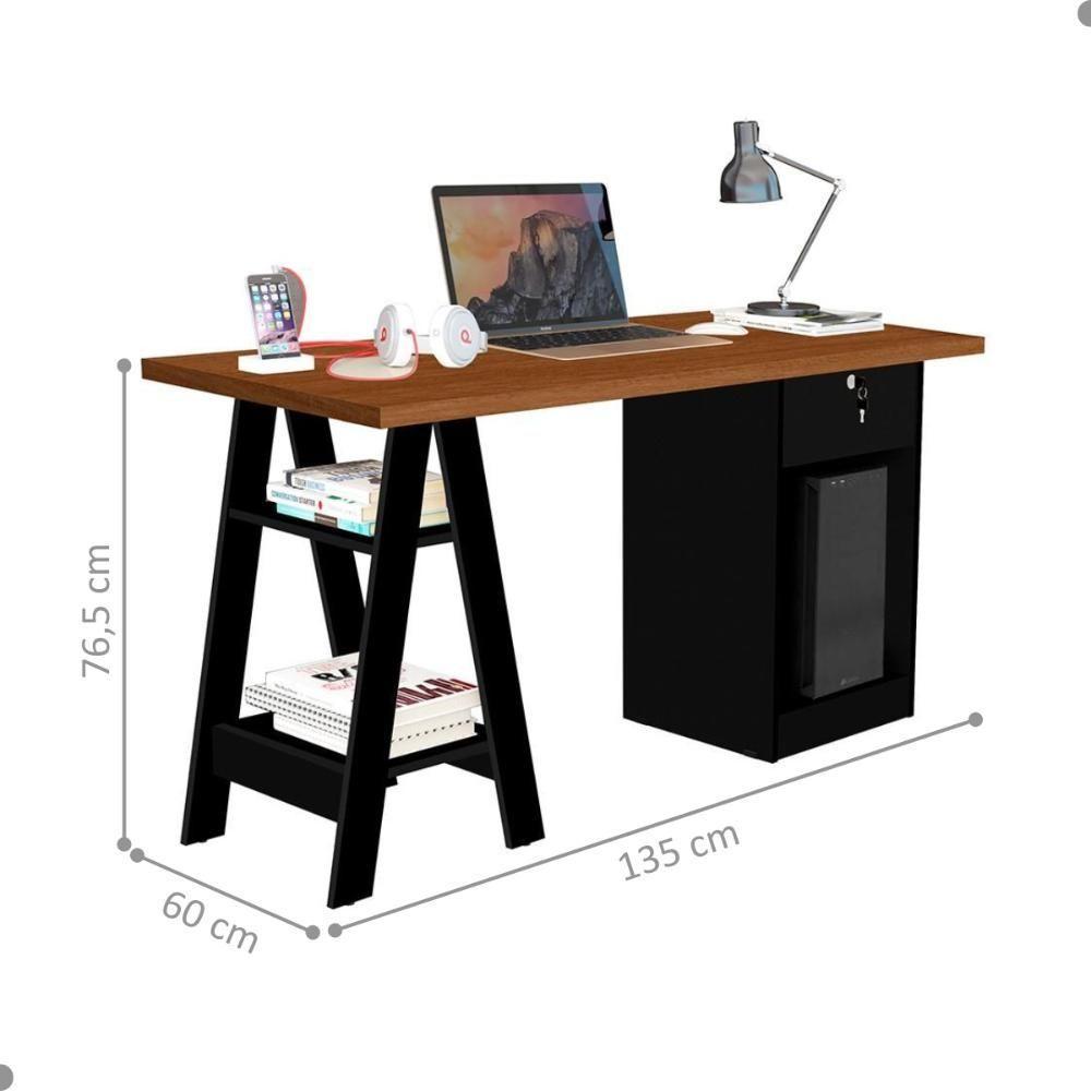 Escrivaninha Com 1 Gaveta Com Chave Valência Canela Preto - 2