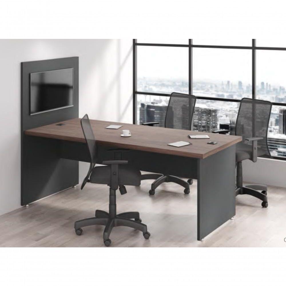 Jogo Mesa E Painel De Escritório Com 3 Cadeiras Freijó Preto - 2