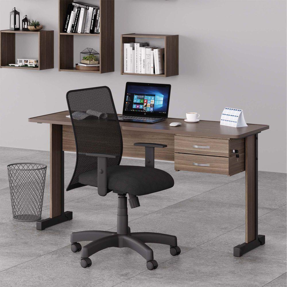 Jogo Mesa Com Gaveteiro E Cadeira Giratória Affara Preto - 2