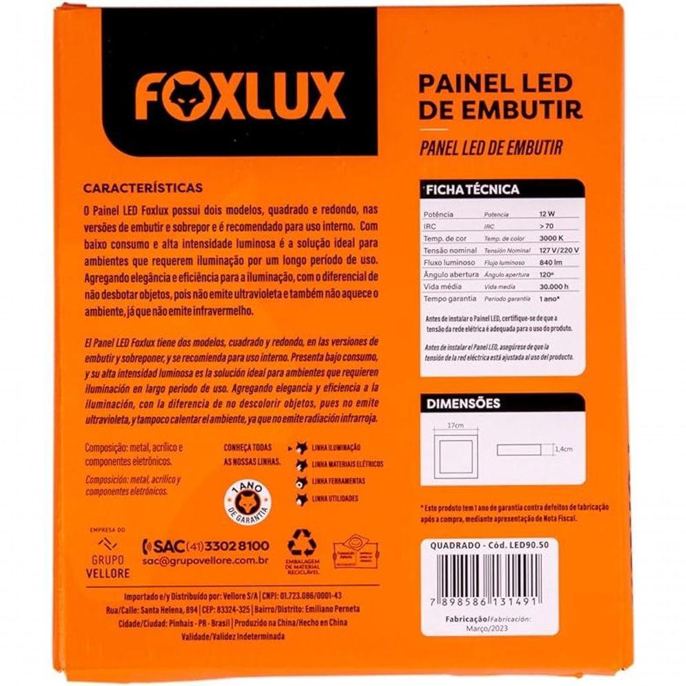 Kit 2 Painel Led Quadrado Embutir 12w 3000k Bivolt Foxlux - 3