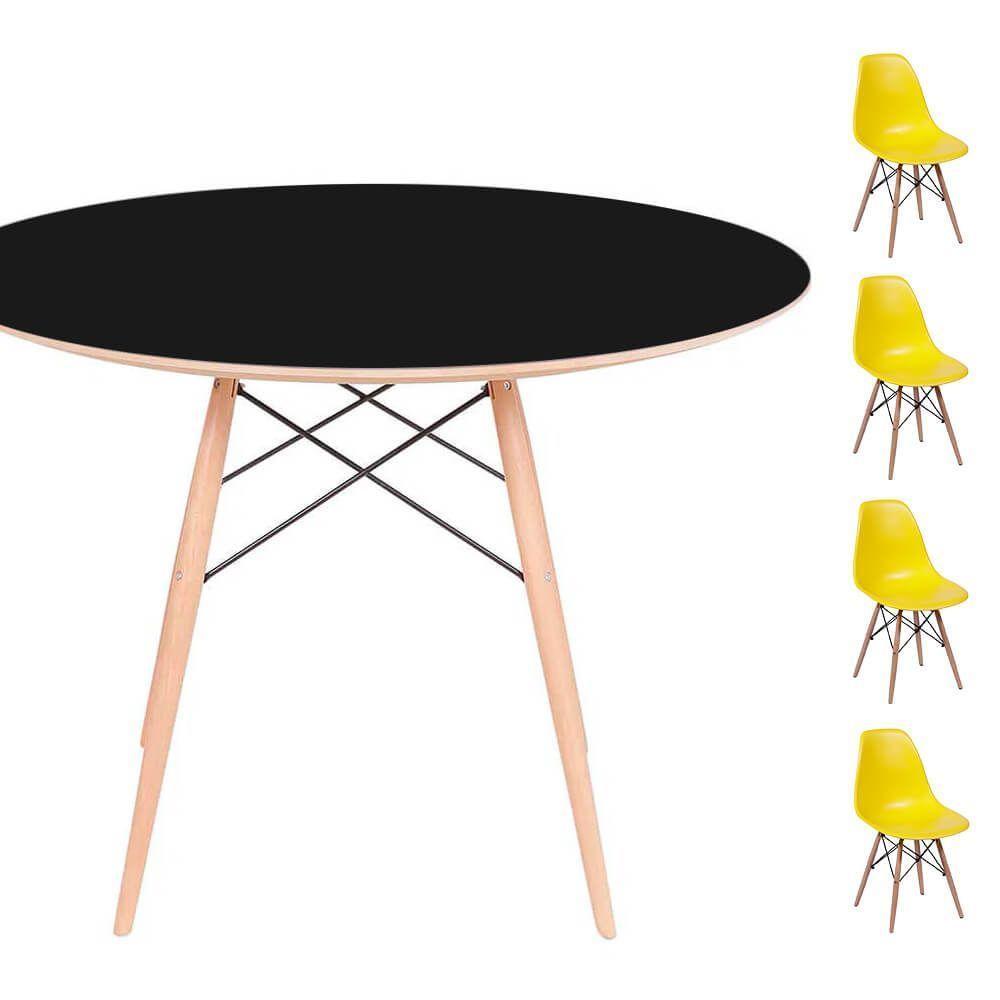 Conjunto Mesa Eames Preta 90cm + 4 Cadeiras Amarela - 1