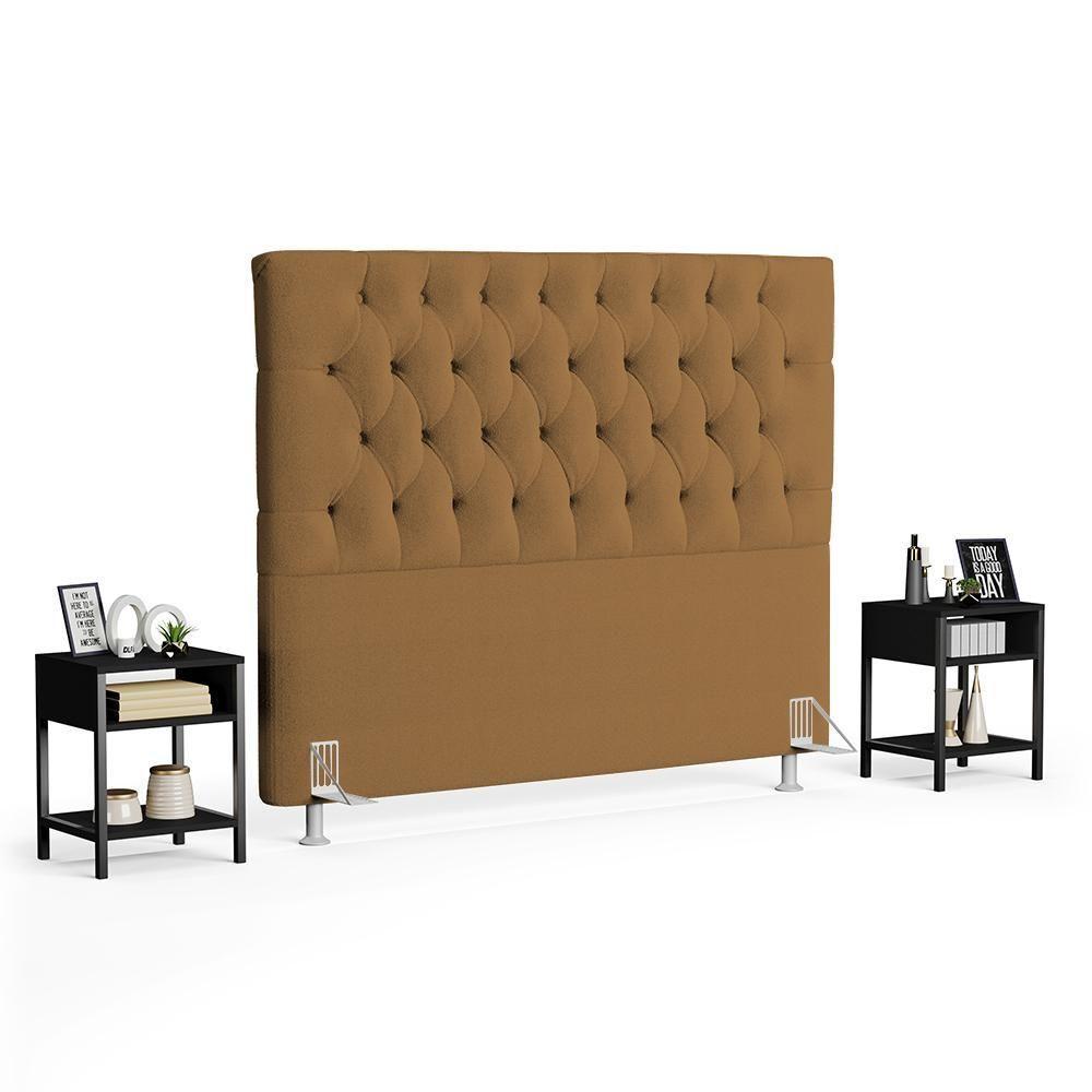 Cabeceira Casal 140cm Cristal Boucle Mostarda E 2 Mesas Laterais Plaza Lc1 Preto - Mpozenato - 1
