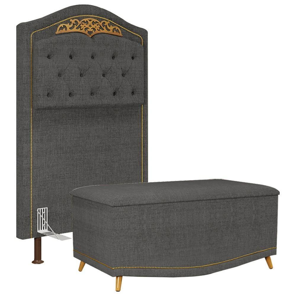 Cabeceira Cama Box Solteiro 90cm Com Calçadeira Baú Imperial J02 Linho Grafite - Mpozenato - 1