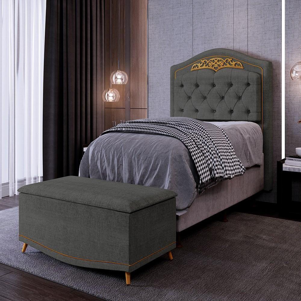 Cabeceira Cama Box Solteiro 90cm Com Calçadeira Baú Imperial J02 Linho Grafite - Mpozenato - 2