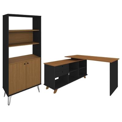 Mesa Escrivaninha em l e Estante Livreiro Lit A06 2 Gavetas MDF 145cm Preto