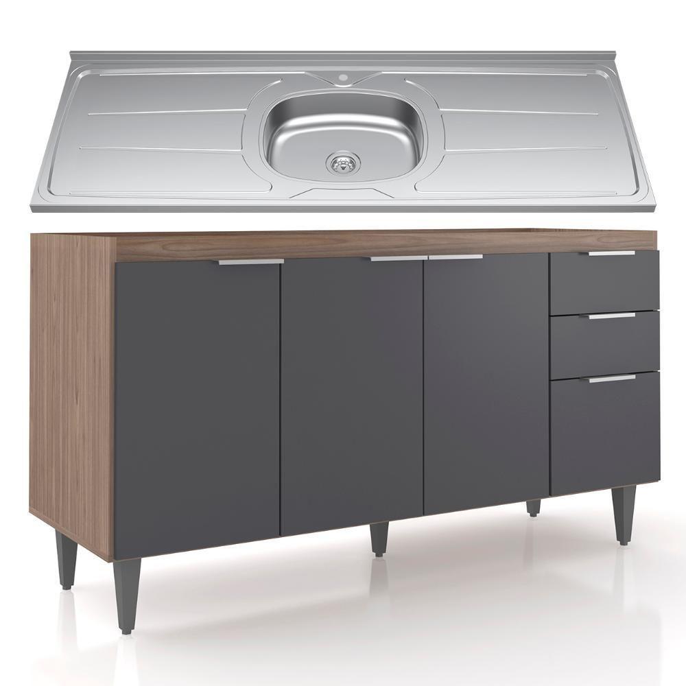 Balcão De Cozinha Com Pia Inox 150cm Pérola Z34 Freijó/grafite - Mpozenato - 1