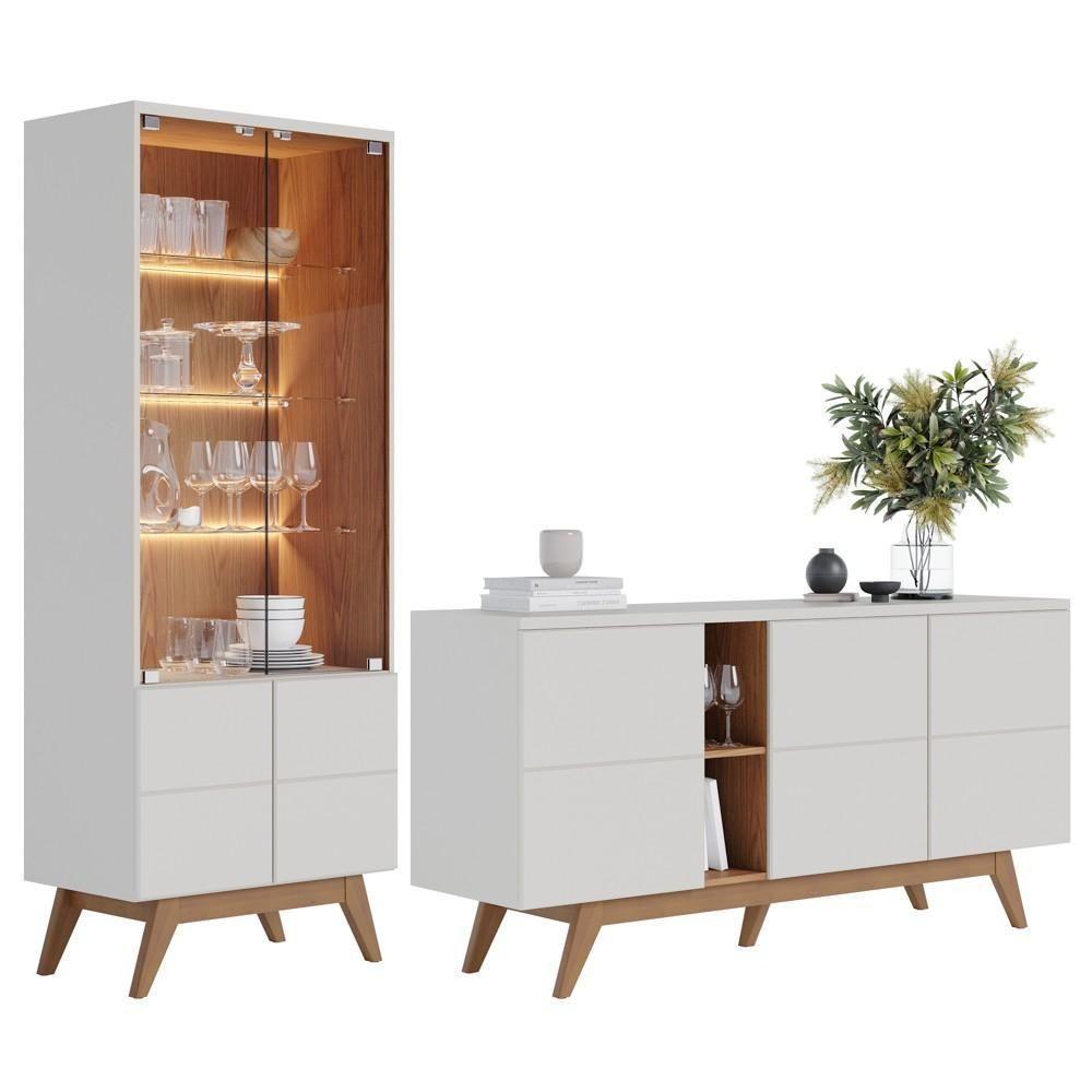 Balcão Buffet Com Cristaleira Rebeca C05 Off White/freijó - Mpozenato - 1