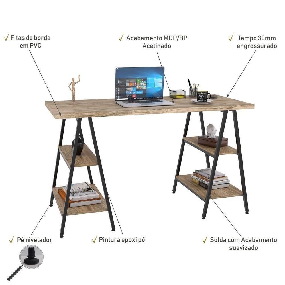 Mesa Escrivaninha Cavalete 135cm Estilo Industrial Prisma C08 Carvalho/preto - Mpozenato - 3