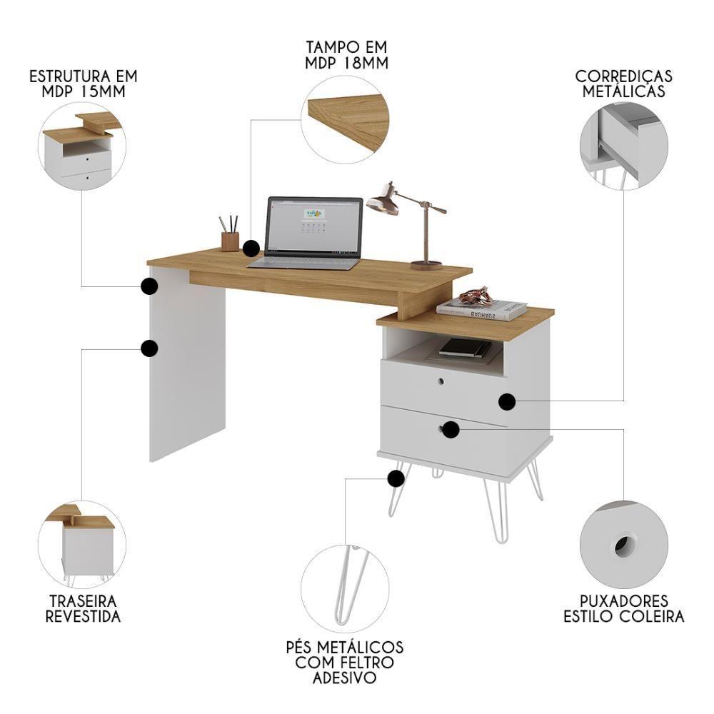 Mesa Escrivaninha Industrial 2 Gavetas Lux A06 Olmo/branco - Mpozenato - 3