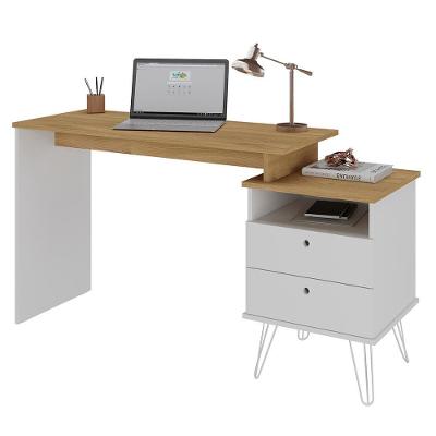 Mesa Escrivaninha Retangular Lux A06 Industrial 2 Gavetas MDF 143.5cm Branco Olmo