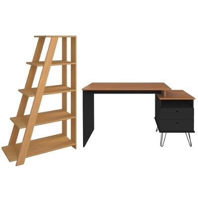 Mesa Escrivaninha Industrial e Estante Livreiro Retangular Stela A06 MDF 2 Gavetas Preto-freijó