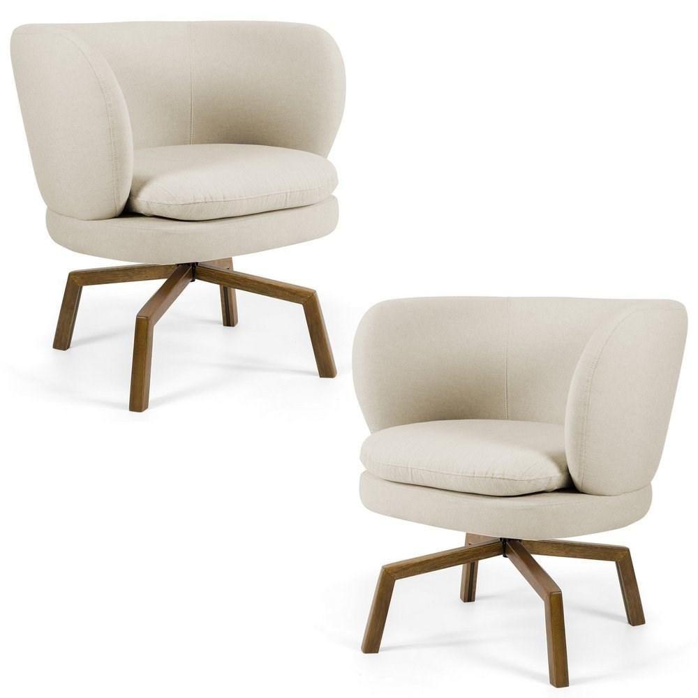 Kit 02 Poltronas Decorativas Melissa Base Ka Giratória Castanho C-107 Linho Bege - Domi - 1