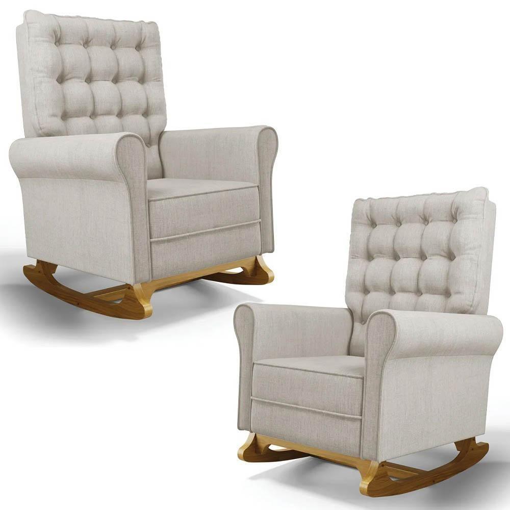 Kit 02 Poltronas De Amamentação E Descanso Base Madeira Balanço Brenda G05 Linho Bege - Mpozenato - 1