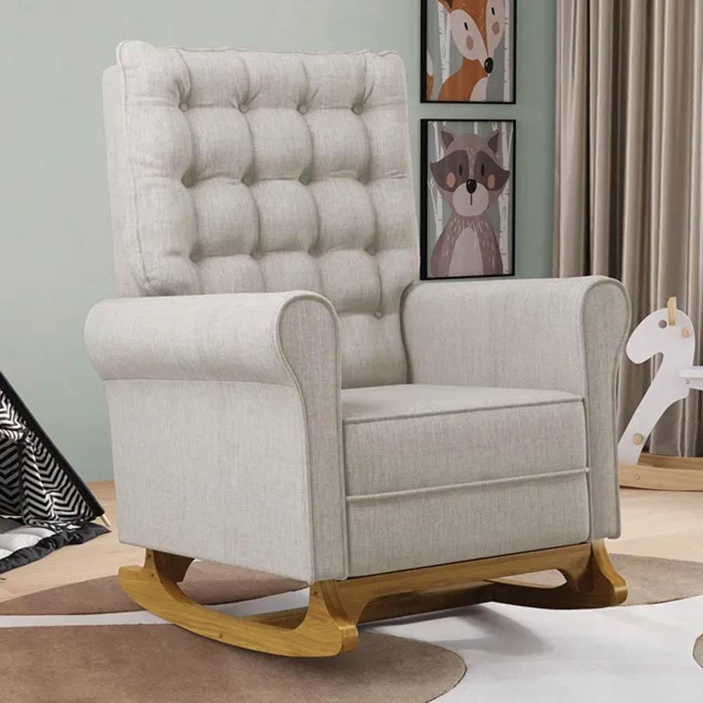 Kit 02 Poltronas De Amamentação E Descanso Base Madeira Balanço Brenda G05 Linho Bege - Mpozenato - 2