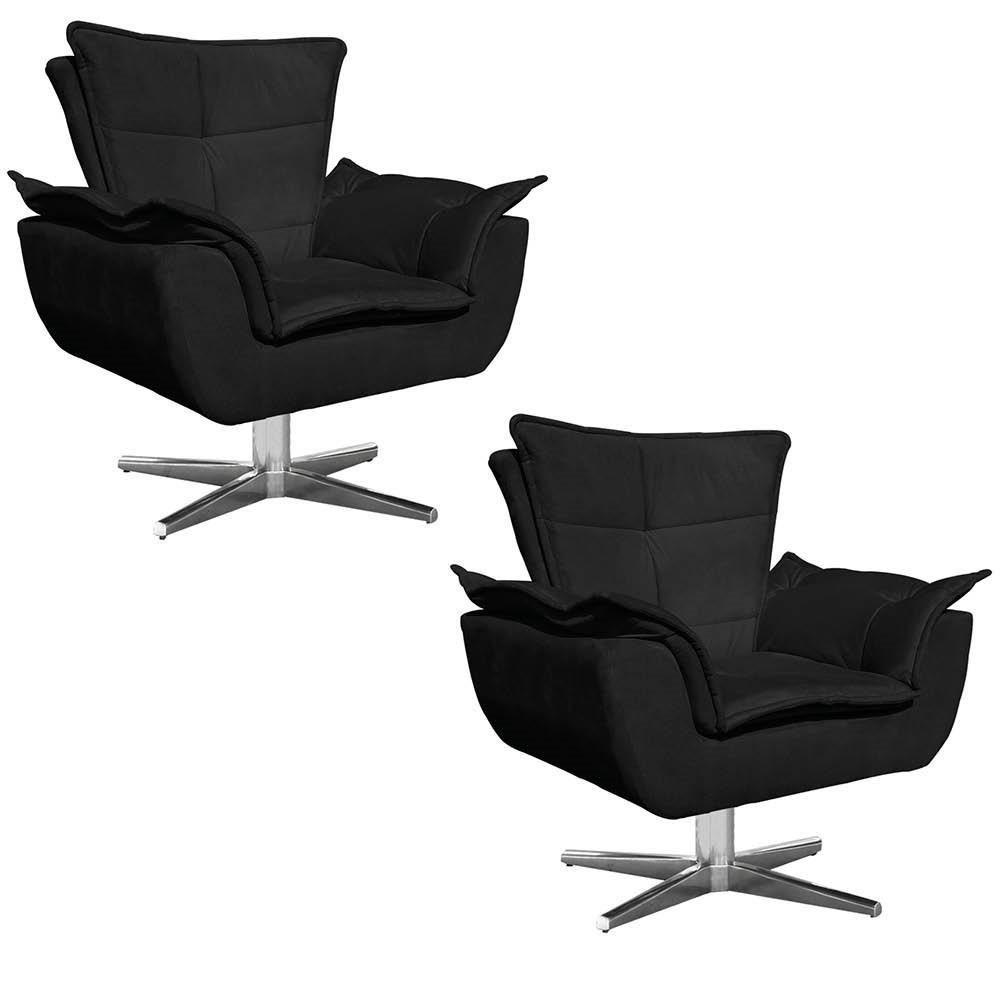 Kit 2 Poltronas Decorativas Sala De Estar Base Giratória Cromada Opla Suede Preto - Ibiza - 1