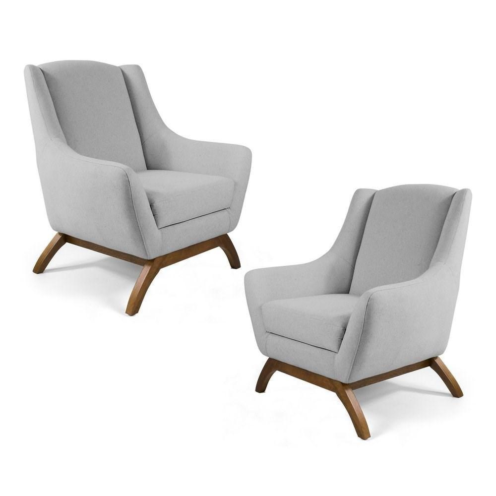 Kit 2 Poltronas Decorativas Base De Madeira Juliet Linho D-315 Cinza Claro - Domi - 1