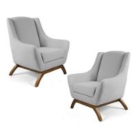 Kit 2 Poltronas Decorativas Base De Madeira Juliet Linho D-315 Cinza Claro - Domi - 1