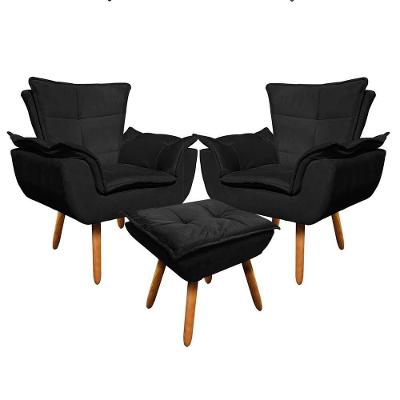 Kit 2 Poltronas Com Puff Opla Suede Preto Ibiza