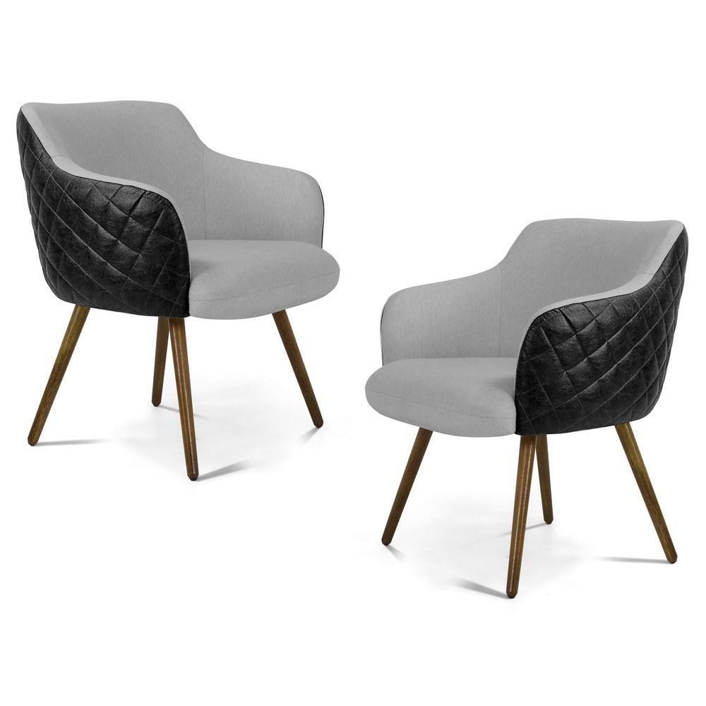 Kit 2 Poltronas Decorativas Pés Palito Madeira Jade Corano C-05 Linho D-315 Cinza Claro - Domi - 1