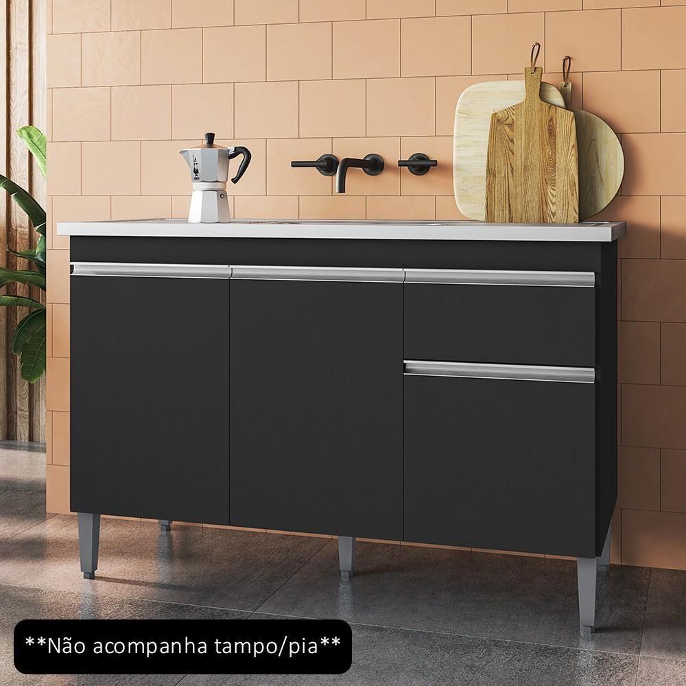 Balcão Gabinete Para Pia Sem Tampo 120cm 3 Portas E 1 Gaveta Tatiane Preto - Ajl Móveis - 2
