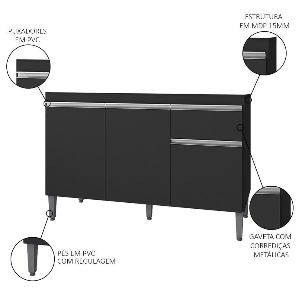 Balcão Gabinete Para Pia Sem Tampo 120cm 3 Portas E 1 Gaveta Tatiane Preto - Ajl Móveis - 3