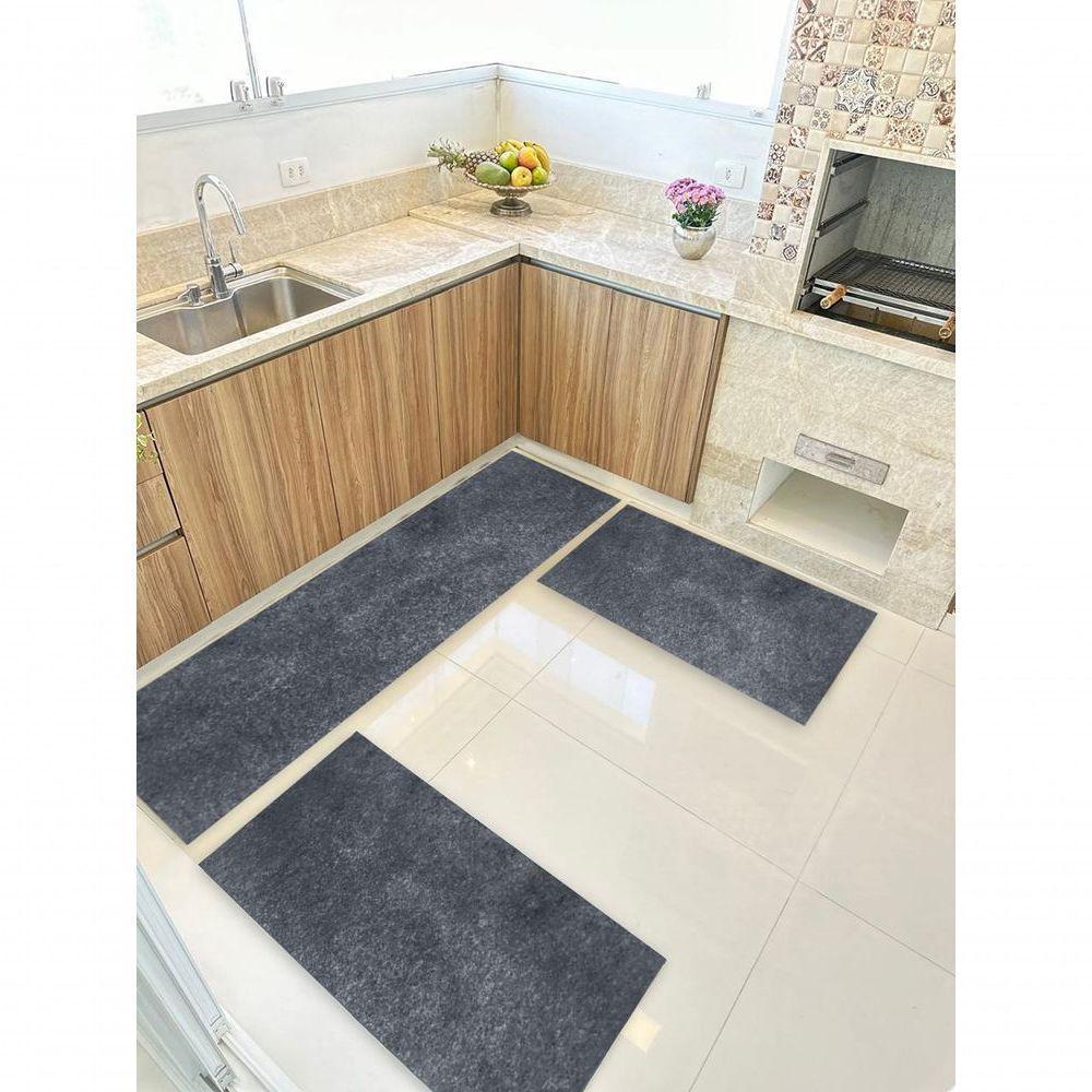 Kit Cozinha 3 Pçs Tapete Passadeira Em Carpete Aveludado Grafite - 2